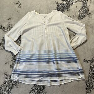 J Jill Shirt Womens Sz M Linen Blend White Blue Striped Tunic Half Button